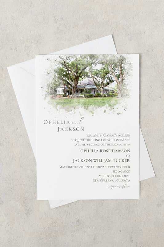 New Orleans watercolor wedding invitation featuring the outside of the Audubon Clubhouse in Audubon Park and grey serif font invitation wording.