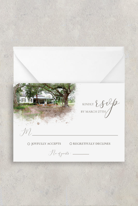 New Orleans wedding rsvp card with a watercolor image of the side patio at the Audubon Clubhouse in Audubon Park and grey script wording.