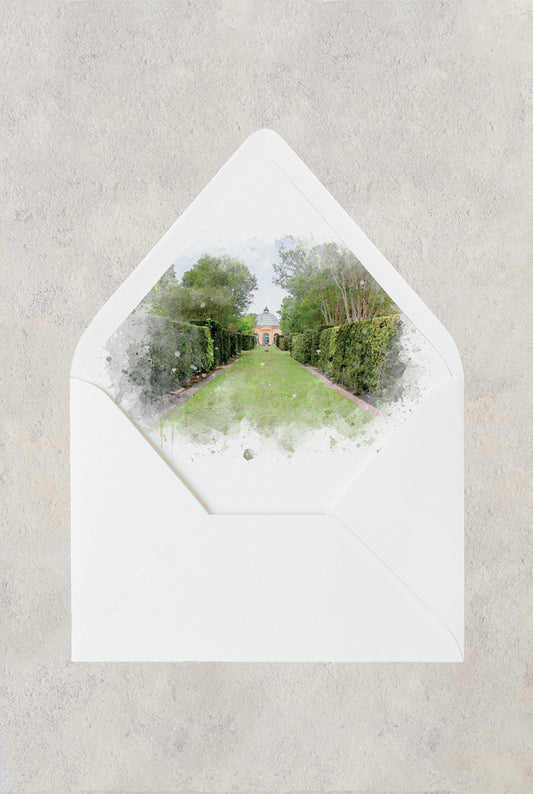 New Orleans Botanical Gardens Pavilion of the Two Sisters watercolor wedding envelope liner.