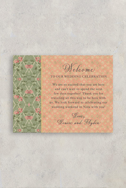 Vintage New Orleans wedding details card resembling the inside of Brennan's Restaurant with a green and pink rose lattice work pattern and peach diamond background. The card says "Welcome to our celebration" and welcomes wedding guests to the couple's wedding in New Orleans.
