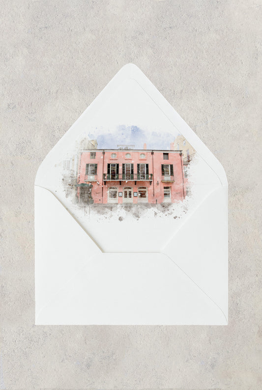 New Orleans wedding envelope liner with a watercolor image of Brennan's Restaurant.