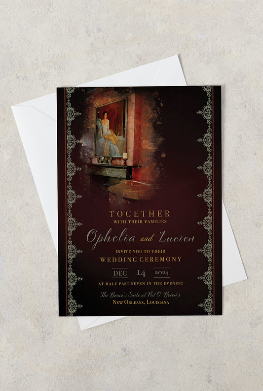 Pat O'Brien's Briar Suite destination wedding invitation with a watercolor image of a portrait of a beautiful young lady on a chaise lounge hanging over a fireplace mantel. The invitation is a dark and moody maroon background with grey lace side borders.