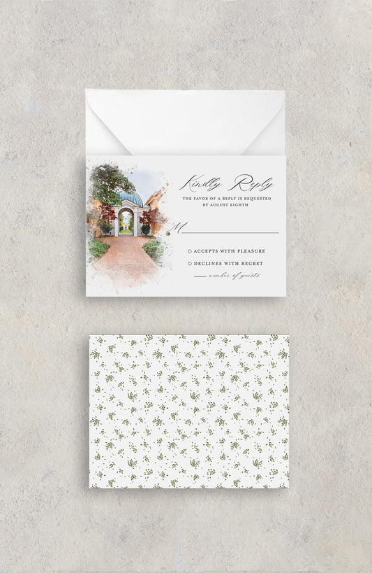New Orleans wedding RSVP card featuring a watercolor image of the Botanical Gardens in City Park and a grey script font. The back has a pattern of dainty green leaves.
