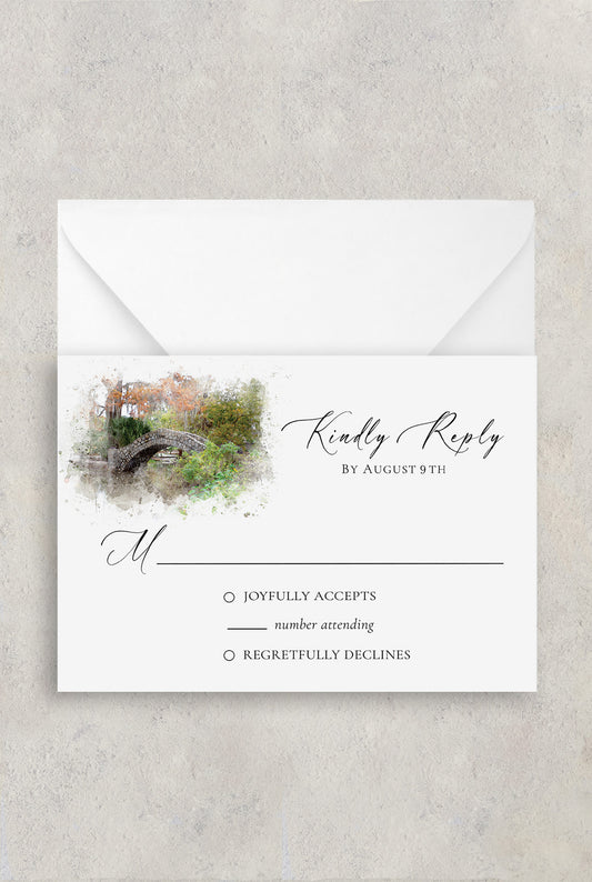 New Orleans City Park wedding RSVP card with a watercolor image of Langles Bridge.