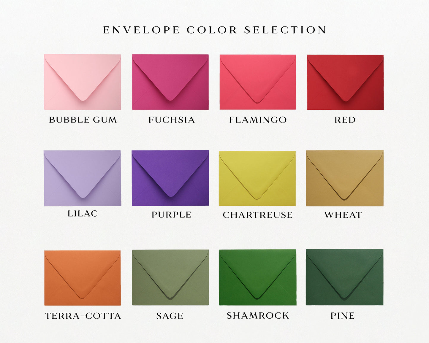 Color swatches of envelopes labeled from Bubble Gum to Pine.