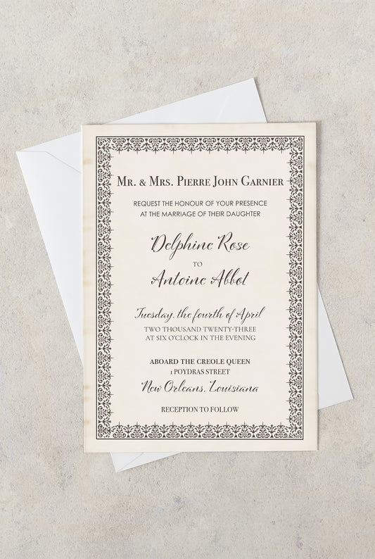 Old timey New Orleans wedding invitation with a vintage parchment paper background and ornate border.