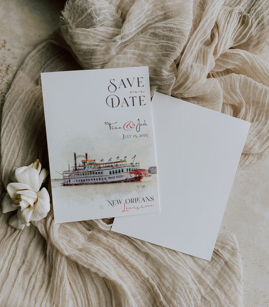 Beautiful New Orleans watercolor save the date featuring The Creole Queen paddle wheeler on the Mississippi River. Your wedding details round out the card in a red and grey colored font.