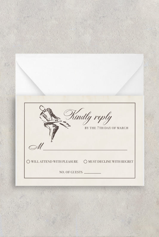 New Orleans vintage jazz musician RSVP card with a jazz piano player on a tan parchment paper background.