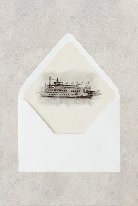 New Orleans wedding envelope liner with an antiqued watercolor image of The Creole Queen riverboat.