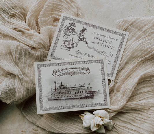 New Orleans jazz musician save the date wedding invitation with an antique watercolor image of The Creole Queen riverboat on the front and vintage illustrations of a jazz band, musical notes, and ornate border on the back.