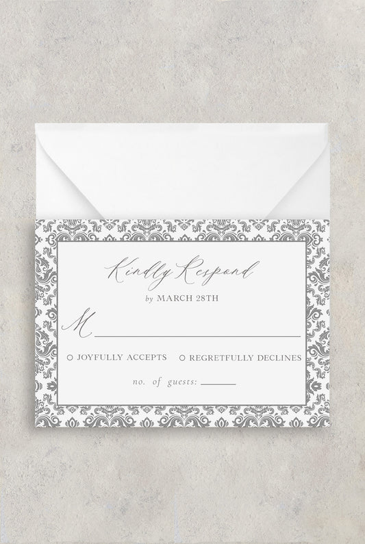 Grey and white damask wedding RSVP card with a grey serif/script font combo.