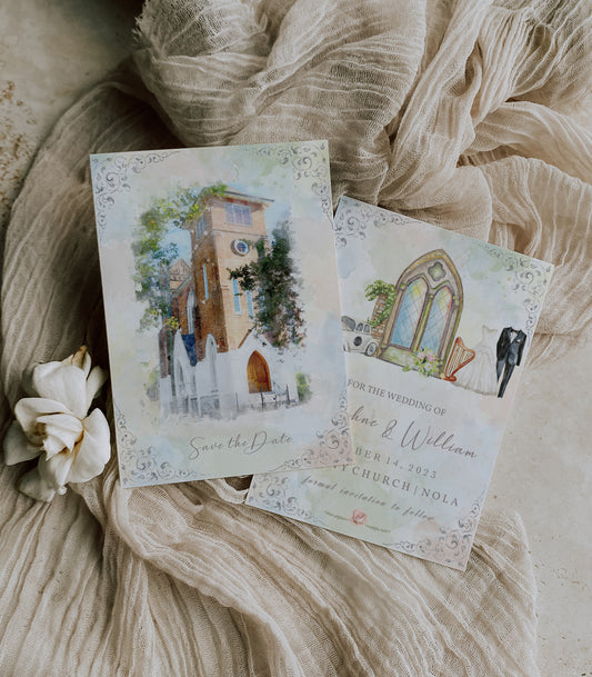 New Orleans wedding save the date invitation with a watercolor image of Felicity Church and watecolor clipart of a stained glass window, a harp, wedding dress, tuxedo & an antique car with the Tap Truck NOLA logo.