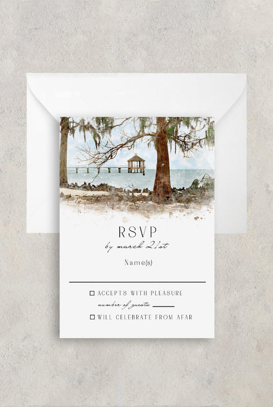 Mandeville, Louisiana wedding RSVP card with a watercolor image of the pier over Lake Pontchartrain in Fontainebleau State Park.