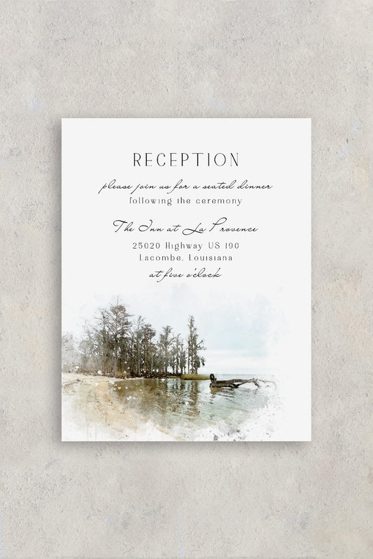 Mandeville, Louisiana wedding details card with a watercolor image of the beach at Fontainebleau State Park and wedding reception details.