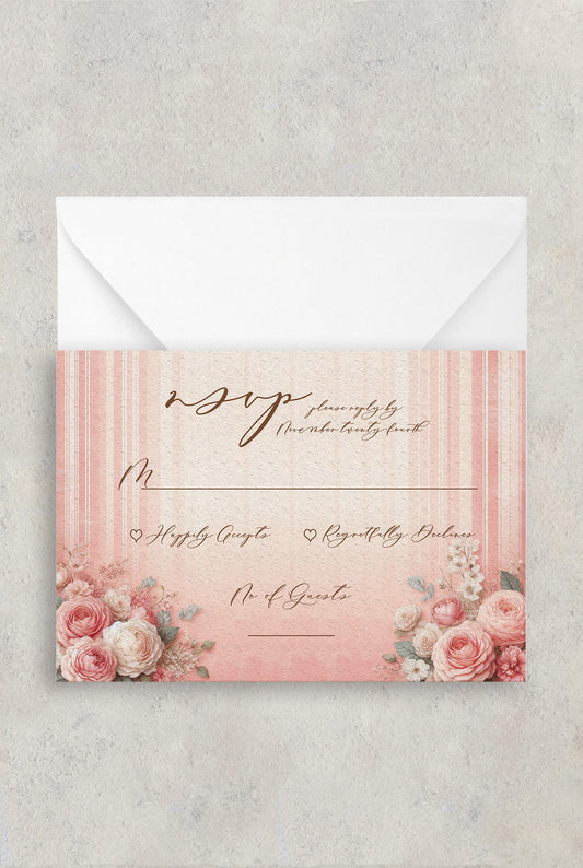 Pink rose wedding RSVP card with pink and white striped background.