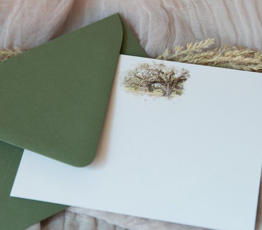 Thank you notecard set featuring a watercolor image of a Southern Live Oak Tree found in Fontainebleau State Park in Mandeville, Louisiana with sage green envelopes.