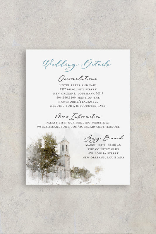The Marigny Opera House wedding RSVP card with a watercolor image of the New Orleans wedding venue and wedding itinerary details such as guest accommodations, jazz brunch and wedding website information.