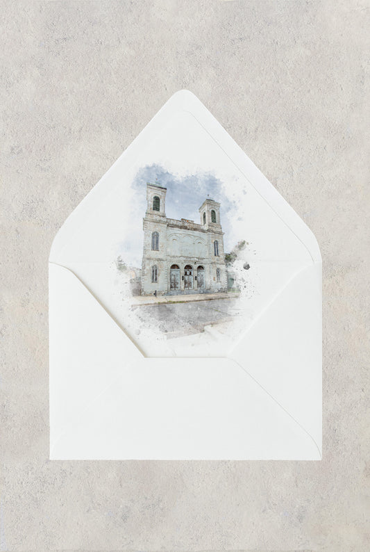 New Orleans wedding envelope liner with a watercolor image of The Marigny Opera House.