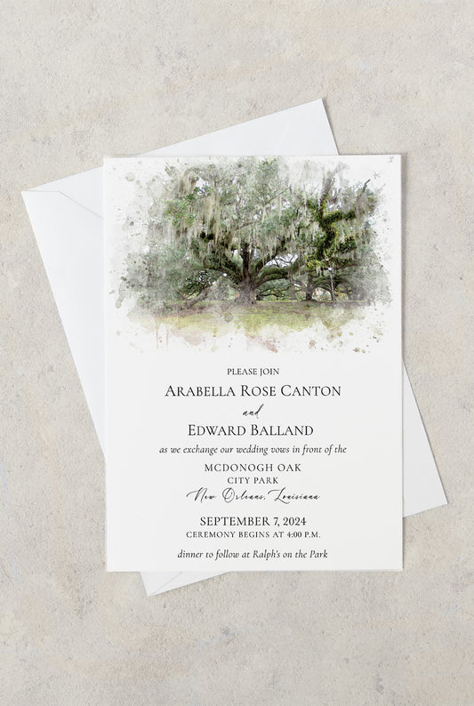 New Orleans destination wedding invitation featuring a watercolor image of the McDonogh oak tree in New Orleans City Park.