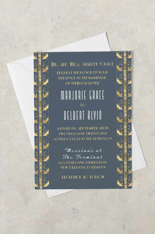 Messina's at the Terminal New Orleans UNO Lakefront Airport wedding invitation featuring a gold and grey-blue disco like pattern and retro fonts.