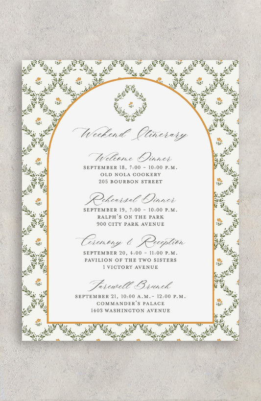 Green and orange whimsical arched wedding details card with a wedding weekend itinerary for a botanical themed wedding.