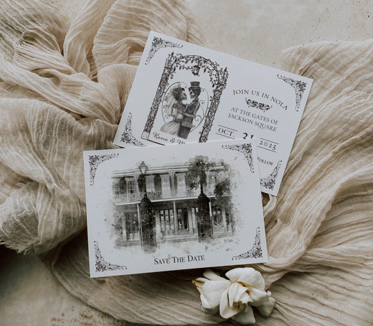 New Orleans Halloween save the date with a watercolor image of the Jackson Square gates in black and white and a spooky skeleton bride and groom on the back.
