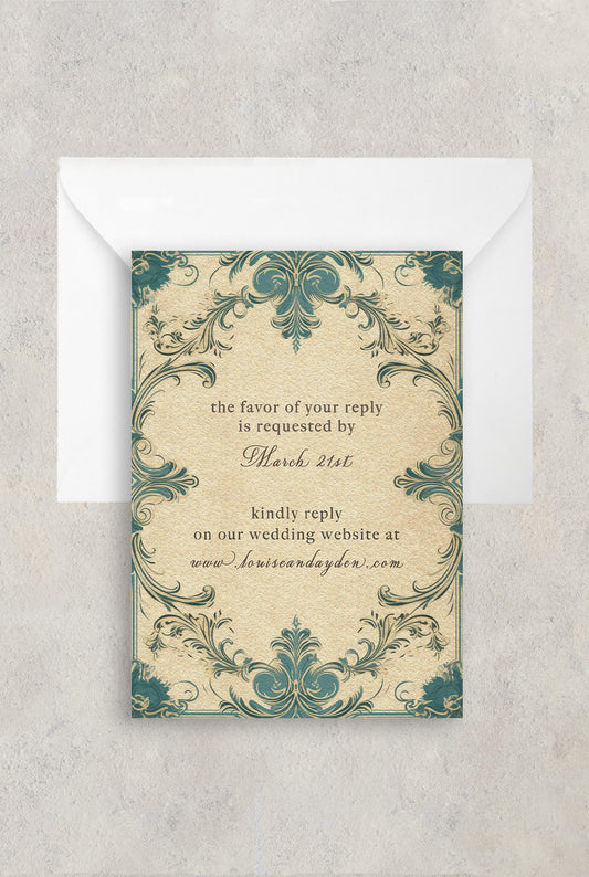 Elegant wedding RSVP card with turquoise fleur de lis and tan damask pattern.