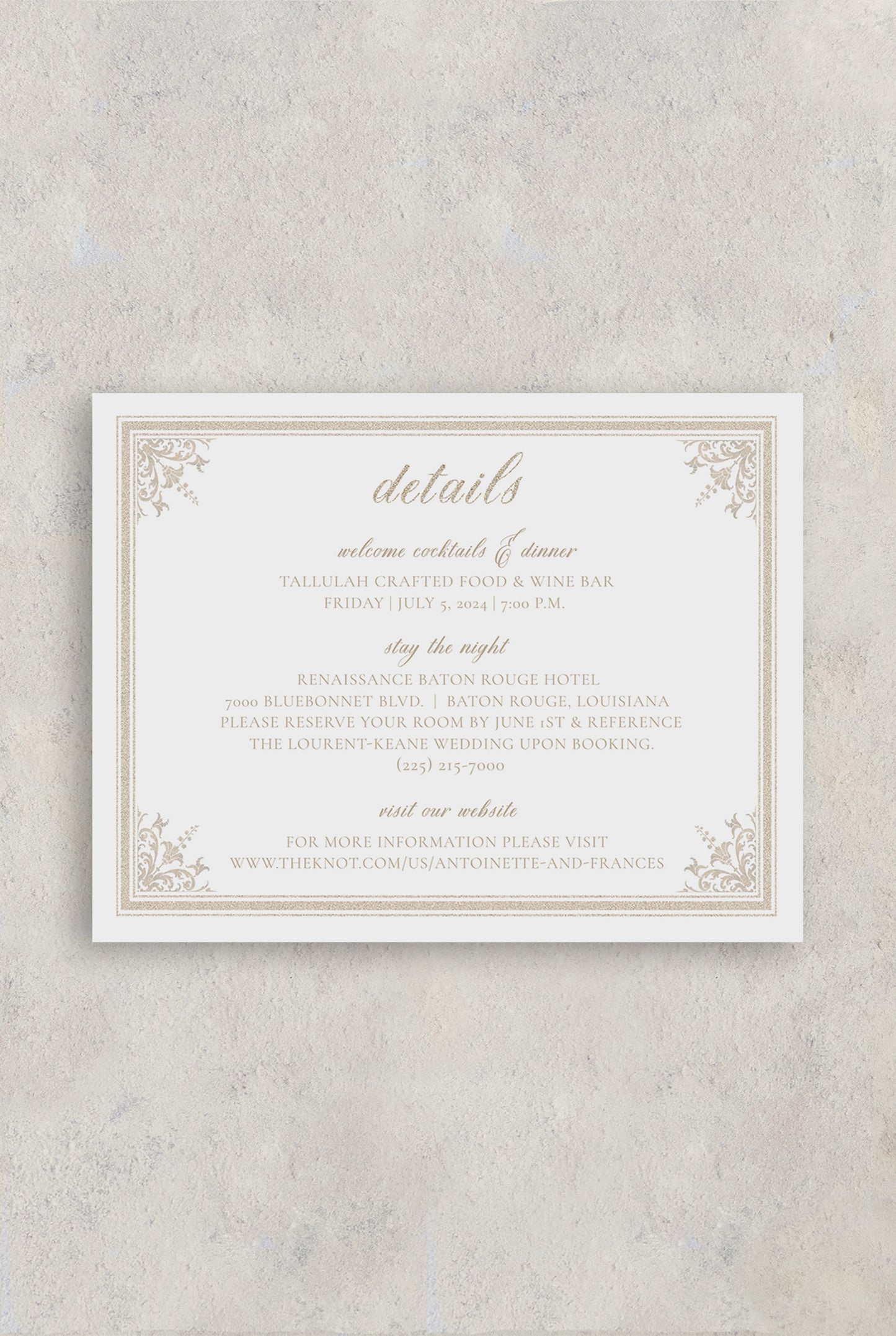 Old State Capitol Baton Rouge wedding details card with a gold glitter border and corner fleur de lis. Wedding details are listed such as welcome dinner, accommodations and wedding website.