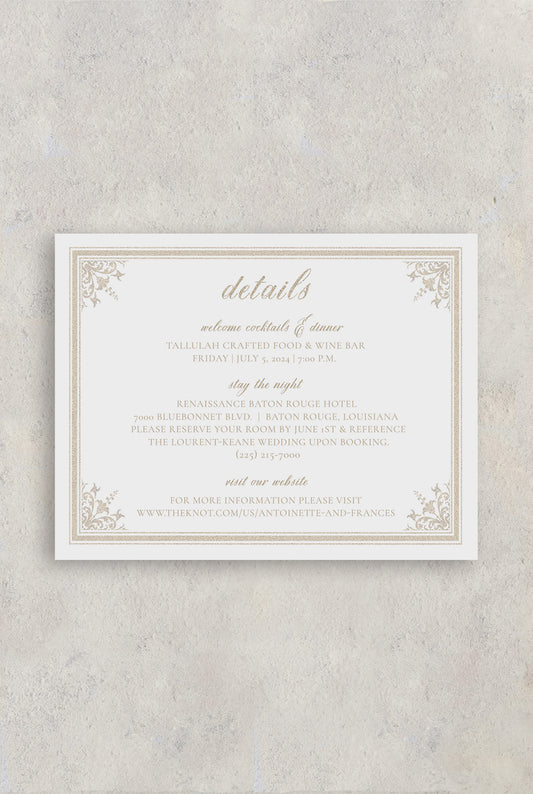 Old State Capitol Baton Rouge wedding details card with a gold glitter border and corner fleur de lis. Wedding details are listed such as welcome dinner, accommodations and wedding website.