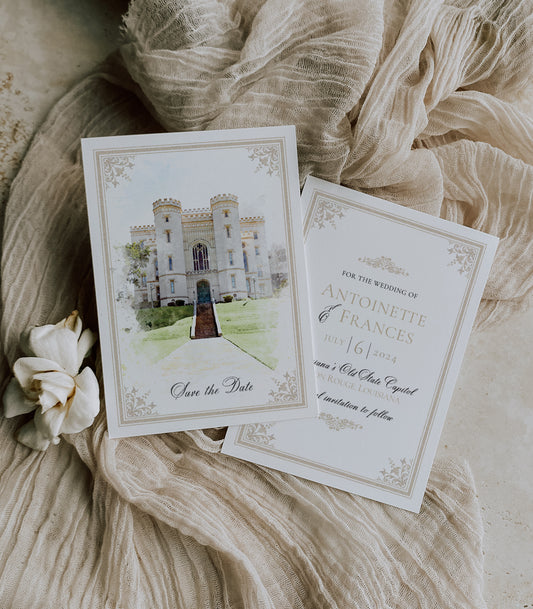 Baton Rouge, Louisiana save the date with a watercolor image of the Old State Capitol on the front and your wedding details in a gold glittered font on the back.