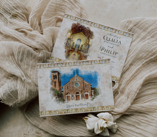 Our Lake of the Lake Church, Mandeville, LA watercolor image on a save the date invite with the inside of the Catholic Church on the back.