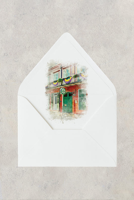 New Orleans wedding envelope liner with a watercolor image of Pat O'Brien's on Bourbon Street.