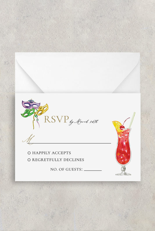 NOLA Pat O'Brien's party RSVP card with Mardi Gras masks and a hurricane drink.