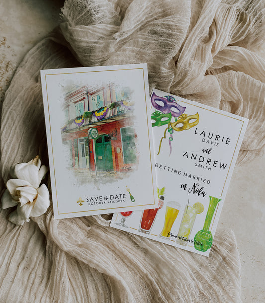 New Orleans save the date with a watercolor image of Pat O'Brien's on the front and hurricane drinks/mardi gras masks on the back.