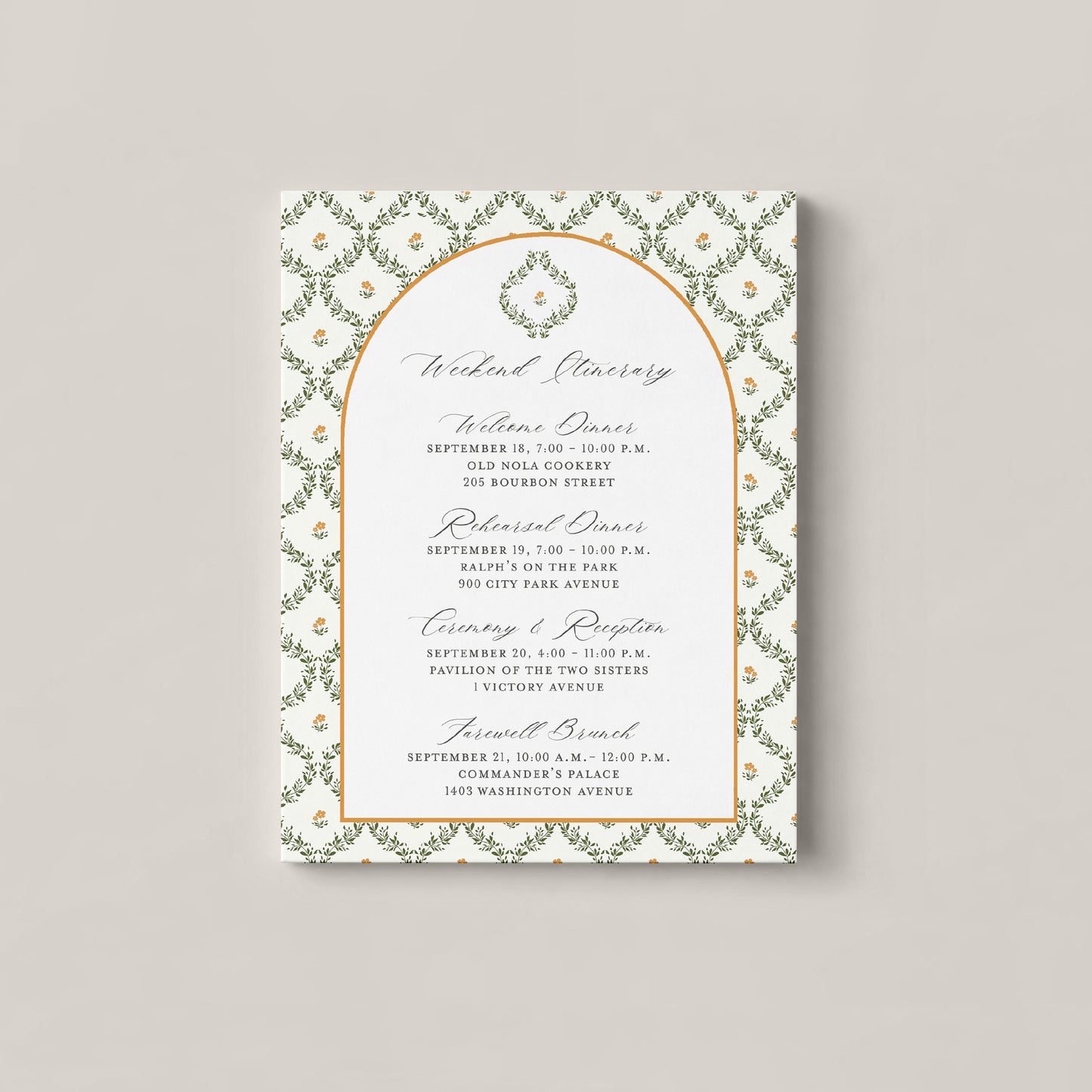 PAVILION OF THE TWO SISTERS NEW ORLEANS WEDDING DETAILS CARD