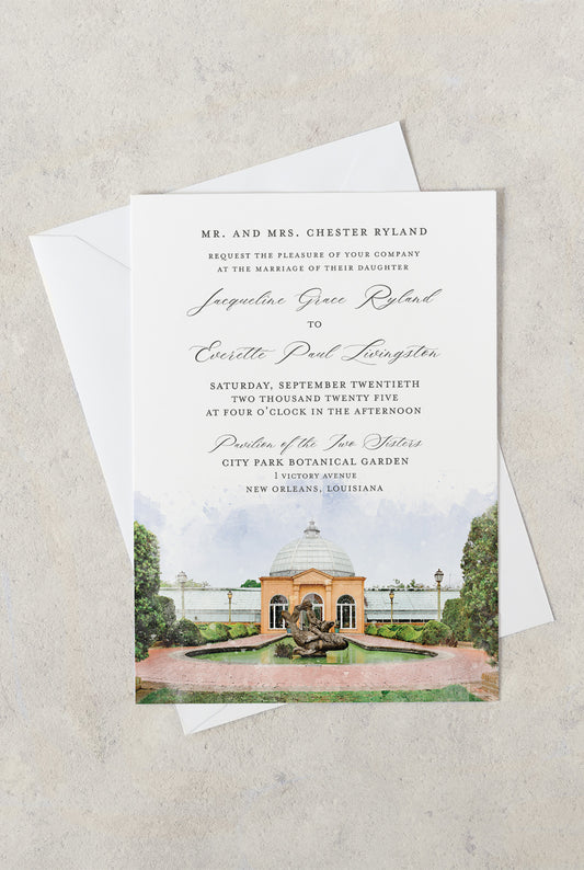 New Orleans wedding invitation featuring a watercolor image of the Pavilion of the Two Sisters at Botanical Gardens in City Park with a grey script font.