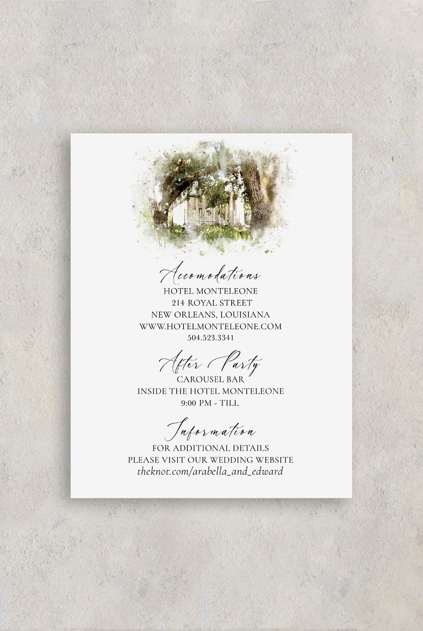 New Orleans wedding details card with a watercolor image of The Peristyle in City Park. Hotel accommodations, after party and wedding website are also written on the card.