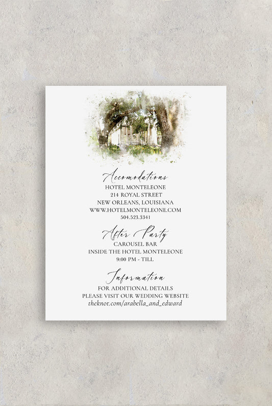 New Orleans wedding details card with a watercolor image of The Peristyle in City Park. Hotel accommodations, after party and wedding website are also written on the card.