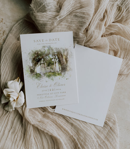 New Orleans City Park Peristyle save the date featuring The Peristyle in watercolor with a gold script font.