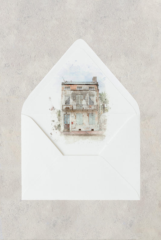 New Orleans wedding envelope liner with a watercolor image of wedding venue Race + Religious.