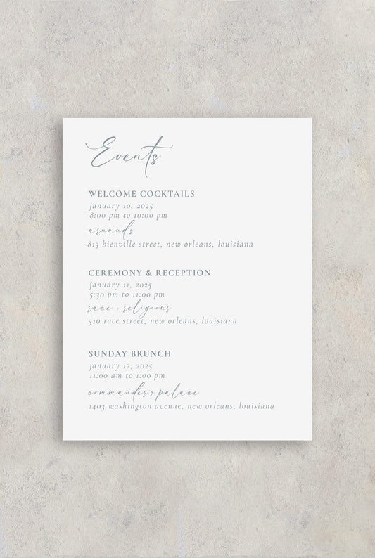 Race & Religious New Orleans wedding details card with a white background and grey blue script writing. Wedding events are listed such as welcome cocktails, wedding ceremony and reception times and a Sunday brunch at Commander's palace for wedding guests.