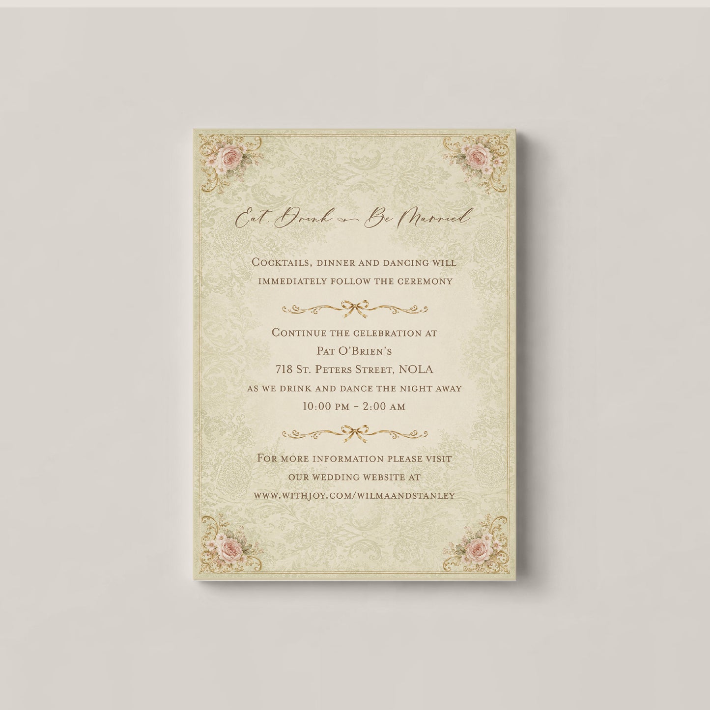 HOUSE OF BROEL NEW ORLEANS WEDDING DETAILS CARD