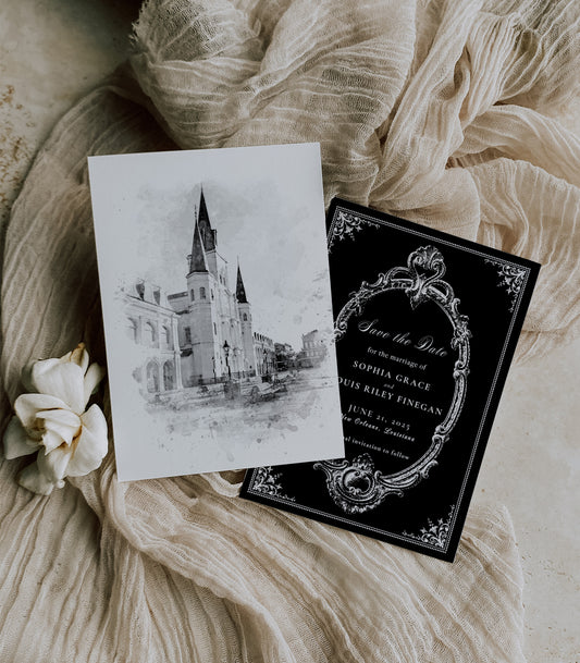 Black and white New Orleans save the date invitation with a watercolor image of the St. Louis Cathedral in Jackson Square. The back of the card is black with an ornate victorian and your wedding details inside.