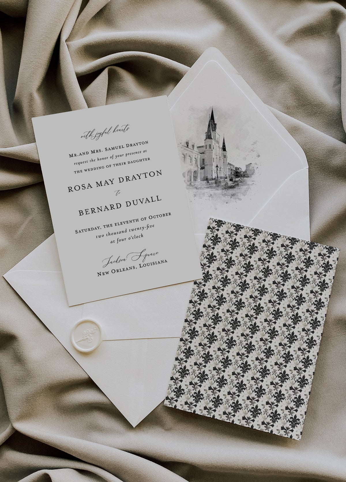 BLACK & WHITE ST. LOUIS CATHEDRAL NEW ORLEANS WEDDING ENVELOPE LINER