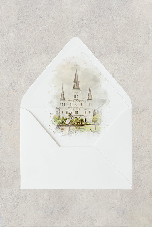 New Orleans wedding envelope liner with a watercolor image of The St. Louis Cathedral.