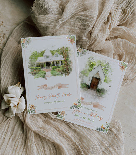The Henry Smith House Picayune MS  save the date invitation with a watercolor image of The Henry Smith house, peach watercolor flowers in the corners and a dotted peach border. The back has the same design except with a watercolor image of the chapel.