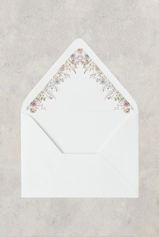 Whimsical floral wedding envelope liner with spring watercolor flowers bordering the liner.