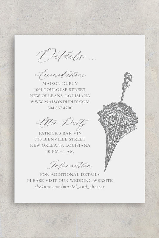 Vintage New Orleans wedding details card featuring an old parasol and a grey script/serif font combo.