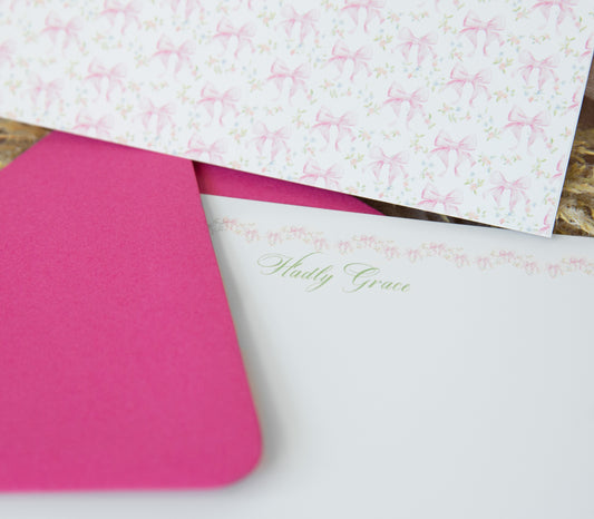 Cute baby or little girl notecard with hot pink bows on the back and personalized name on the front. Can be used as breast cancer awareness thank you notes as well. Comes with matching hot pink envelopes.