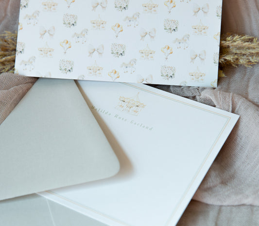 Grey and yellow fairytale carousel, little ponies, balloons and bows notecard with blank front. Personalized with babies name. Perfect for new baby/from the nursery of.